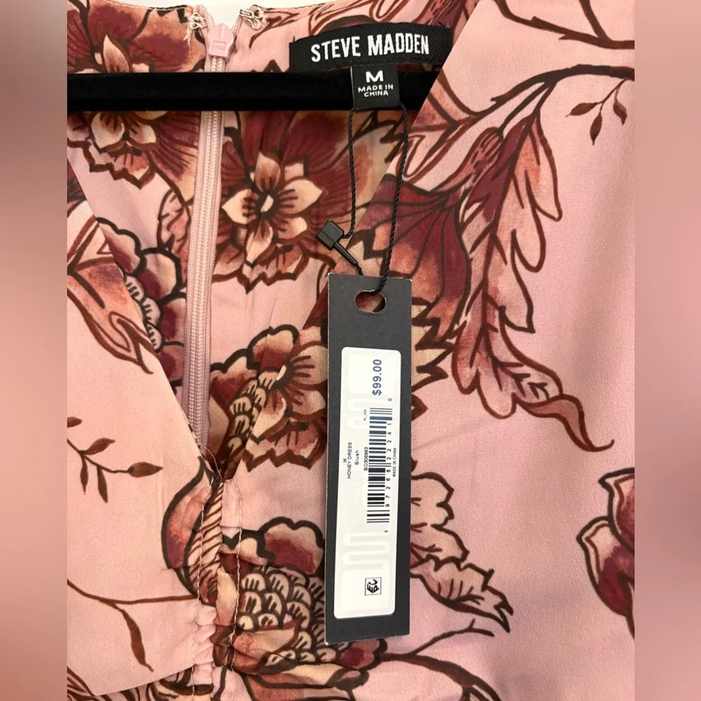 NWT Steve Madden Floral Midi Dress Pink Ruched Front V-Neck CapSleeve Size M $99